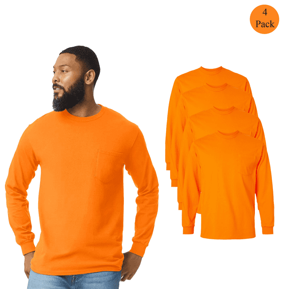 Gildan High Visibility Safety Orange T-Shirt, Men's Hi-Viz Long Sleeve Pocket Tee, 4 Pack, S