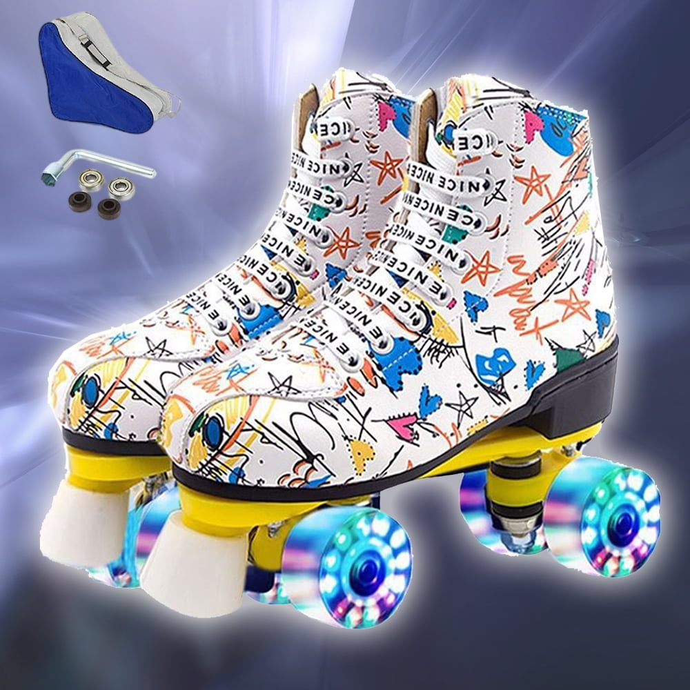 Women's Roller Skates Light Up Wheels Shiny Derby Skates Illuminating Leather Adjustable Double Row Roller Skates for Teens and Youth 