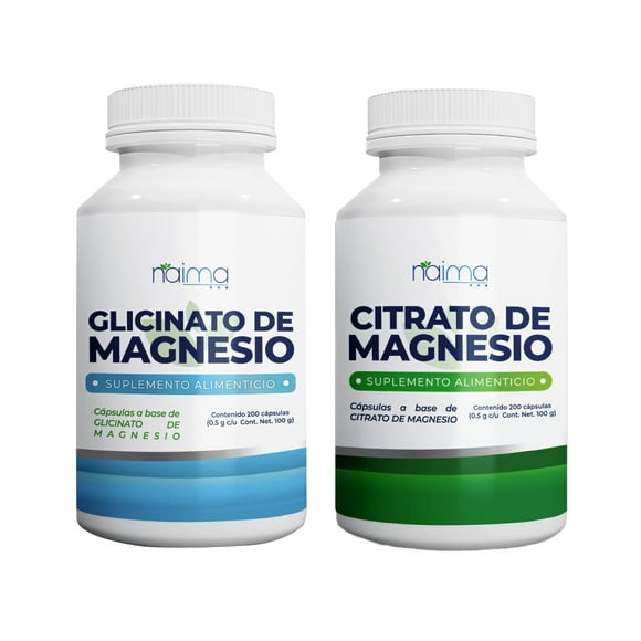 NAIMA Kit de Citrato de Magnesio y Glicinato de Magnesio, 200 Cápsulas por Frasco | Suplemento Alimenticio | Ingredientes Naturales | Puro, Alta Absorción| Energía y Bienestar General | Sin Aditivos