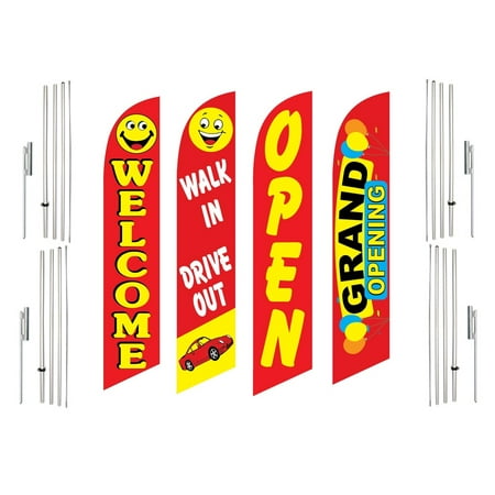 4 Swooper Flags With 4 Pole Kits Welcome Walk In Drive Out Open Grand Opening