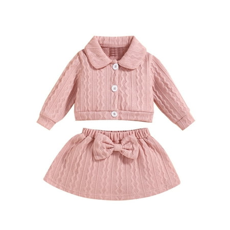 

Musuos Baby Girl Ribbed Knit Long Sleeve Button Down Coat Bow Elastic Waist Skirt