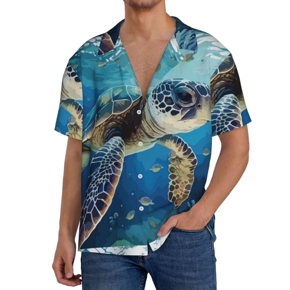Lsque Watercolor Turtle print Men's Cuban Collar Short Sleeve Shirt Summer Beachwear Casual Button Down Fashionable Vacation Leisure Shirt-XX-Large