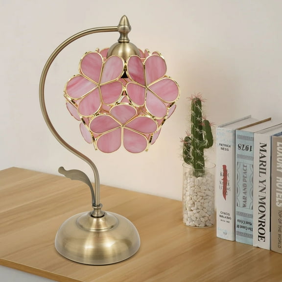 Cherry Blossom Style Pink Glass Petal Antique Desk Lamp Tiffany Flower Lampshade for Bedrooms, Study Rooms, Living Room