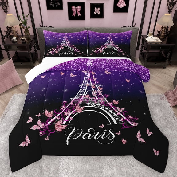 jejeloiu Paris Eiffel Tower Bedding Comforter Set,Cute Cartoon Butterflies Twin Comforter Sets,Pink Glitter Print Bedding Set For Girls Kids,Microfiber Bedroom Decor,2pcs