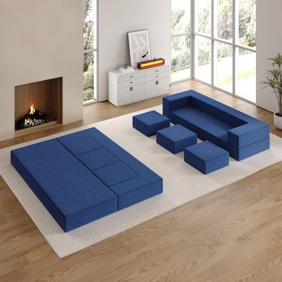 Queen 80" Folding Bed Couch, Convertible Velvet Memory Foam Sofa Bed with Removable Velvet Cover,3 Ottomans,Floor Sofa Sleeper Mattress for Guest, Office, Living Room, Deep Blue