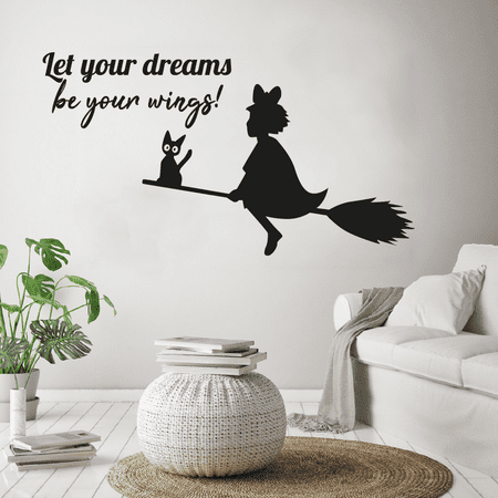 Let Your Dreams Be Your Wings Motivation Quote Inspirational Quotes Girl Witch And Cat Flying Broom Bewitch Cartoon Silhouette Vinyl Wall Art Sticker Decal Home Room Classroom Nursery Size(24x40 inch)