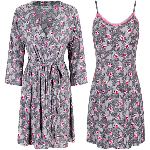 SofiePJ, Women's, Plus Size Printed Robe Set with Chemise 2 Piece Sleep Lounge Set, Grey Pink, 2X