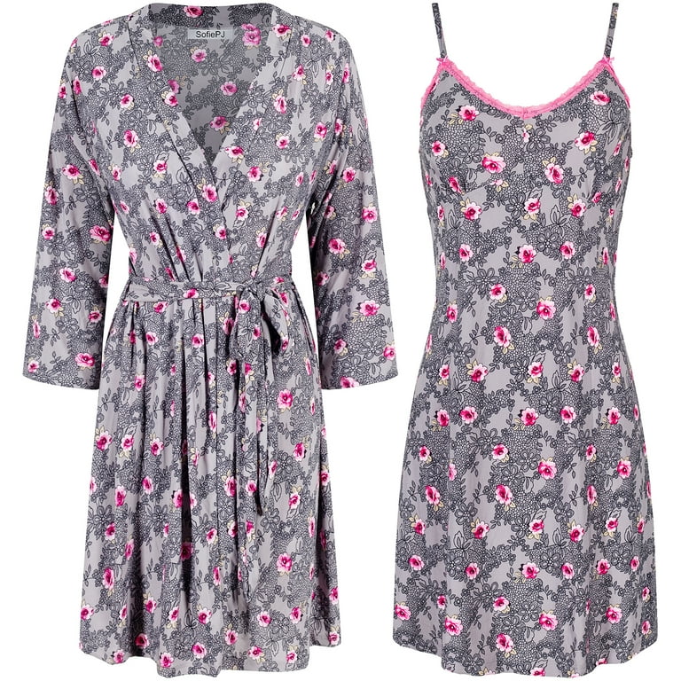SofiePJ Women s Plus Size Printed Robe Set with Chemise 2 Piece