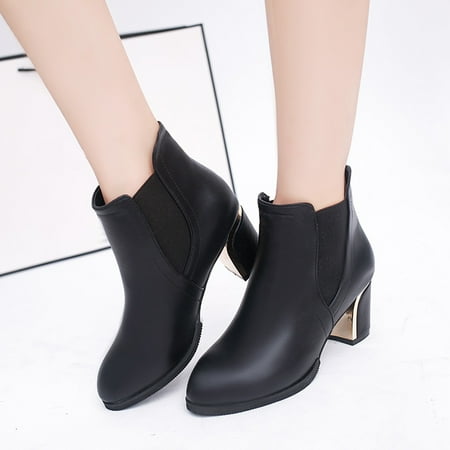 

TALKVE Fashion Women Artificial Leather Solid Color Autumn Thick Sole Square Heels Slip On Short Booties Round Toe Shoes