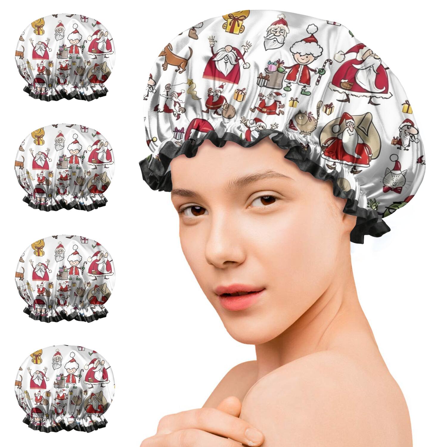 Shower Caps,White Christmas Santa and Character Pattern Waterproof Shower Cap for Women 4 Pieces,Double Reusable Hair Cover for Shower PEVA Elastic Stretch Hem