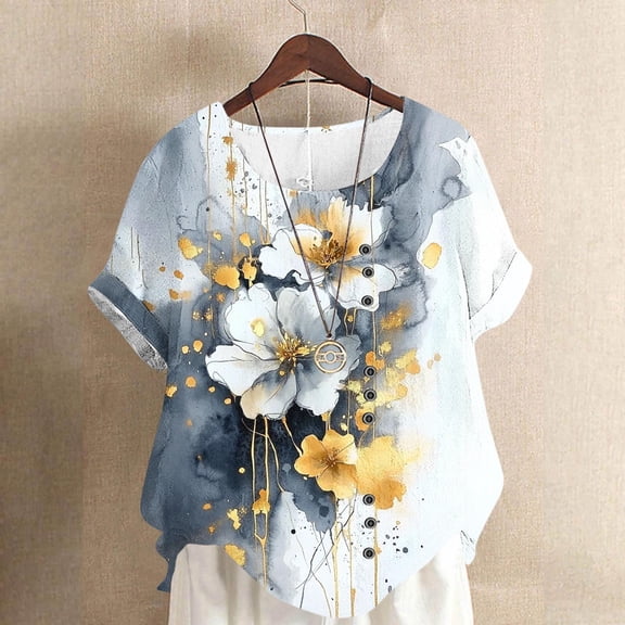 Xdegoge Cotton Linen Tunic Tops for Women Crewneck Short Sleeve Floral Print Shirts Asymmetrical High Low Hem Side Button Blouse Casual Summer Daily Flowy Loose Tees for Leggings