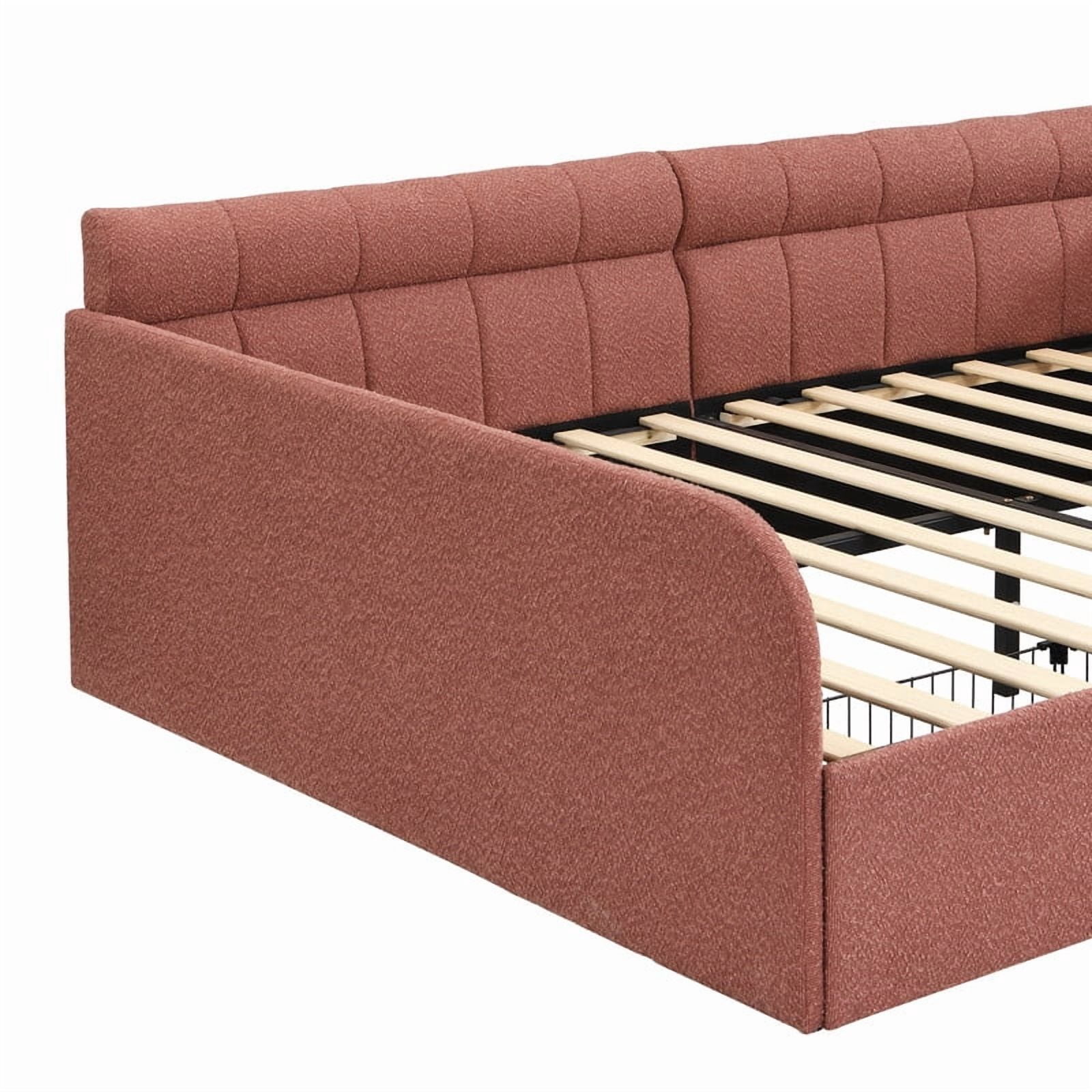 Full Size Boucle Daybed with Metal Drawer on Wheels, Storage Platform Bed Frame with Guardrails, Upholstered Low Profile Bed