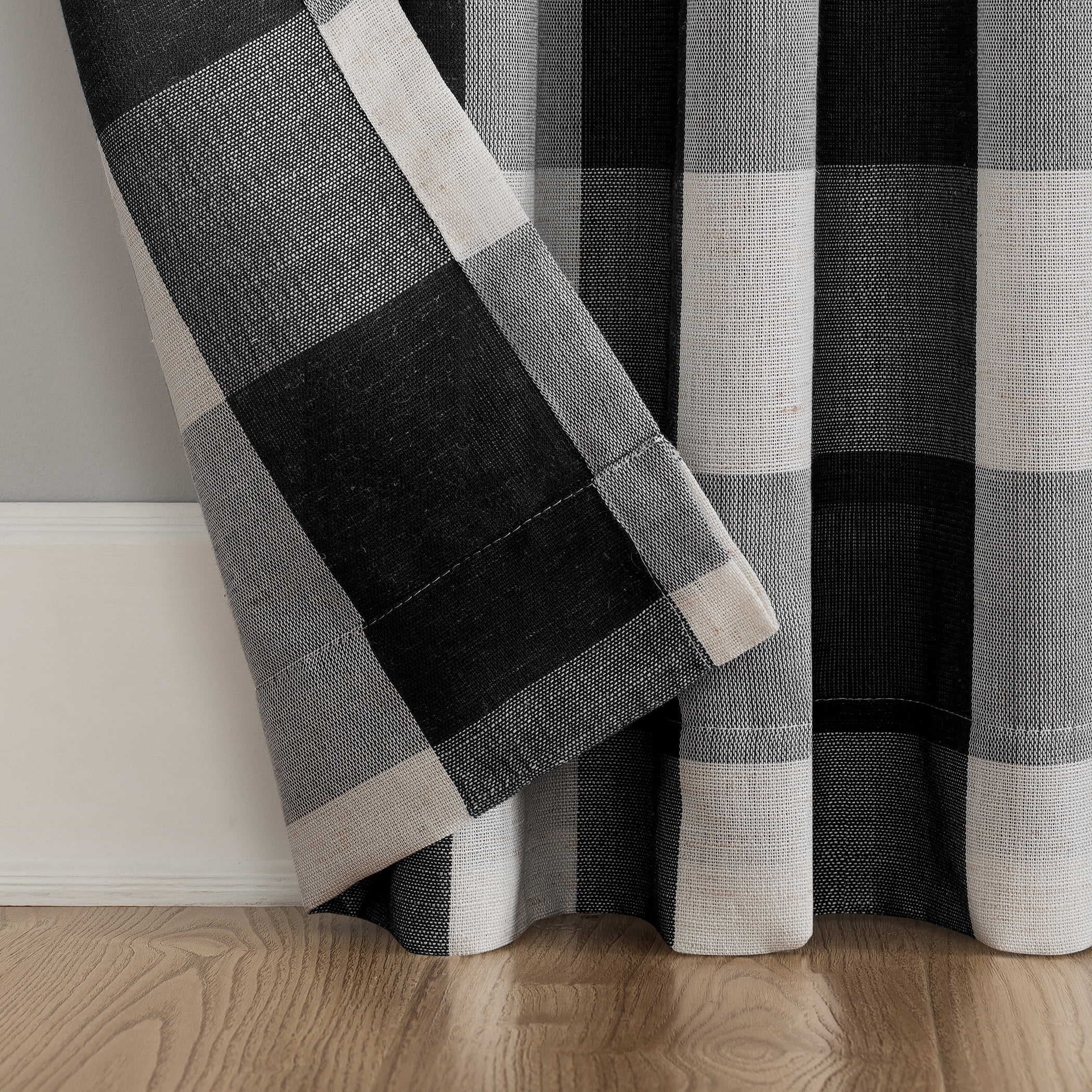 Better Homes and Gardens Buffalo Plaid Semi-Sheer Back Tab Curtain Panel, 50" x 84", Black