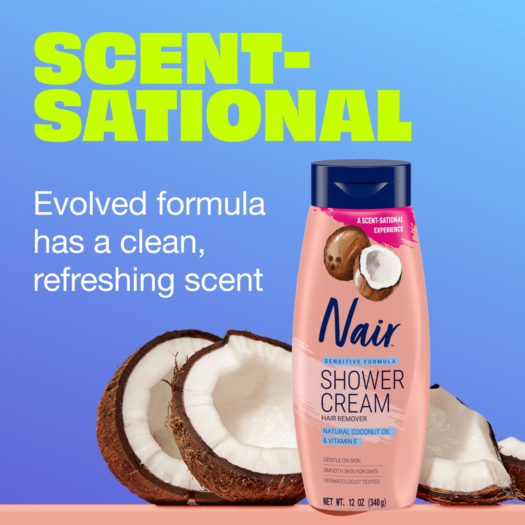 Nair Sensitive Formula Shower Cream, Hair Removal Cream with Coconut Oil, 12 Oz