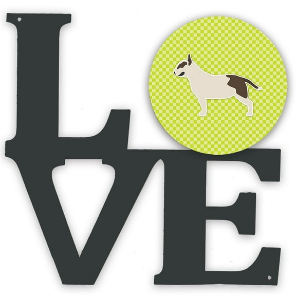 Carolines Treasures BB3878WALV Bull Terrier Checkerboard Green Metal Wall Artwork LOVE 12X12 multicolor
