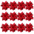 thumbnail image 4 of 12 Glitter Poinsettia Flowers , Artificial Christmas Tree Decorations - Clip-On Holiday Floral Arrangements with Stems (Red/Gold), 4 of 6