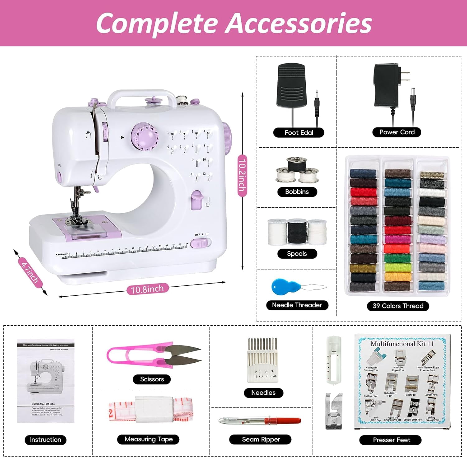 Sewing Machine for Beginners, Portable Mini Sewing Machine with 13 Replaceable Presser Feets, Built-in 12 Stitches, Extension Table, 39 Colors Thread, Reverse Sewing, 2 Speed Foot Pedal, Sewing Kit