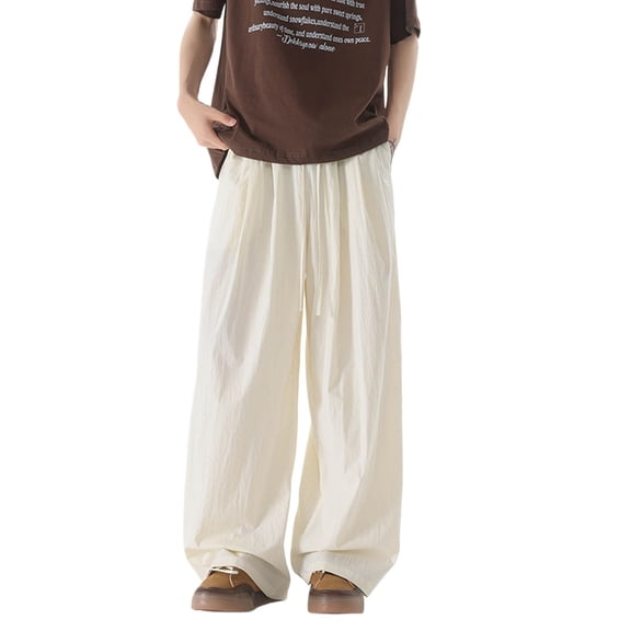 oqasdz Men's Pants Elastic Waist Solid Color Summer Fall Ice Silk Imitation Inen Drape Straight Wide Leg Mopping Pants Casual Versatile Dailywear