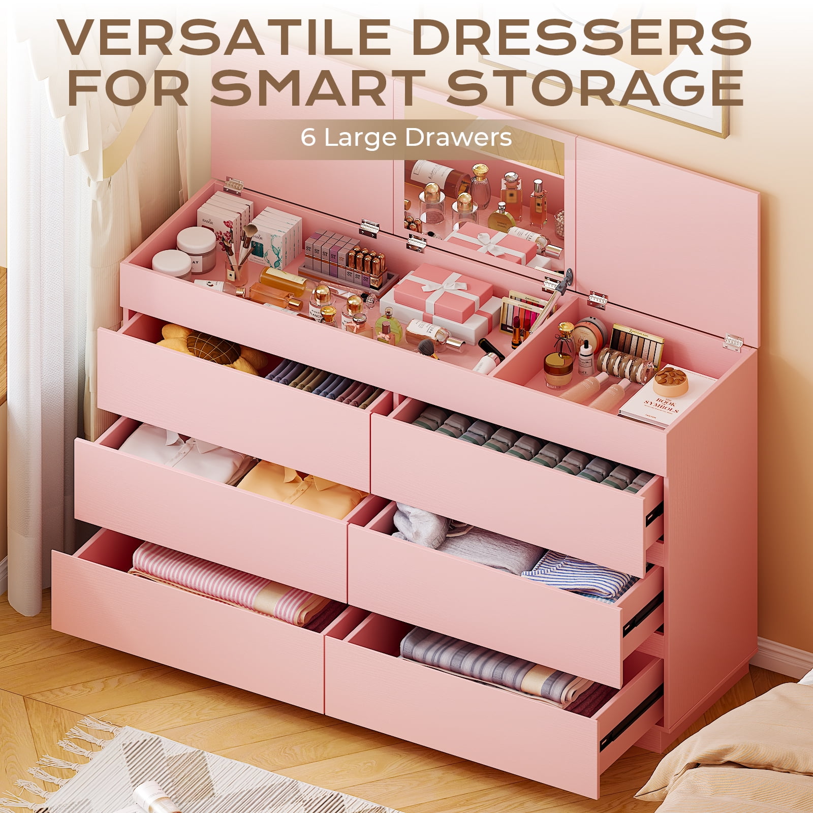 Ktaxon, 6 Drawer Double Dresser, Pink, Wood Storage Cabinet
