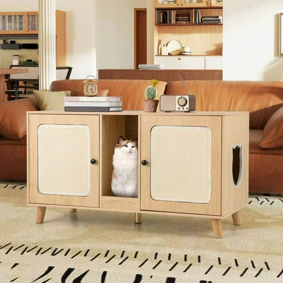 Auranook 43" Cat Litter Box Enclosure for 2 Cats w/ Double Rooms 2 Sisal Scratching Mats