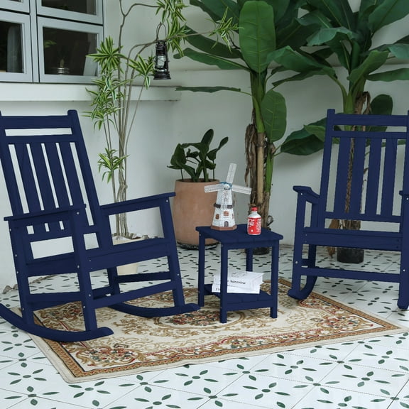 All Weather Rocking Chair Set with Side Table, 3-Piece Rocking Chair Set with Wood-Texture, Navy Blue(includes 2 Rocking Chairs and 1 Table)