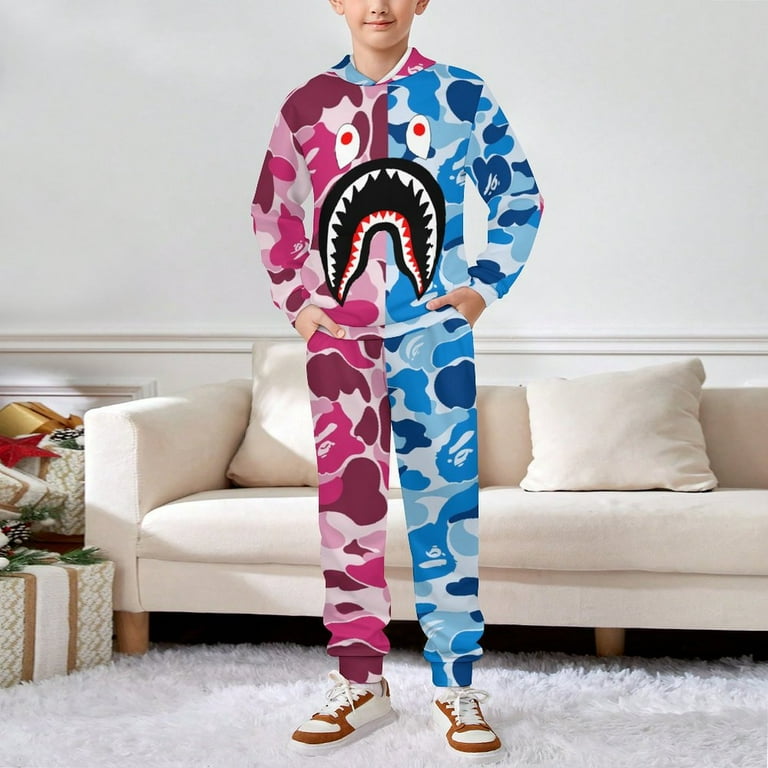 Bape Shark Camo Tracksuit Pullover Hoodie And Sweatpants 2 Pieces Sweatsuit Jogging Pants Set for Boys Girls