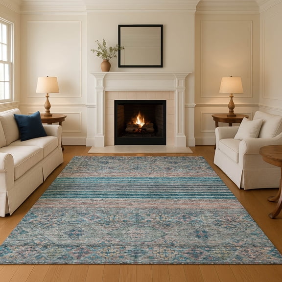Addison Rugs Mayfield Premium Machine Washable Transitional Stripes Teal Rectangle Rug, 10' X 14' Machine Washable Transitional Stripes Teal Oversized Sherpa Throw Blanket