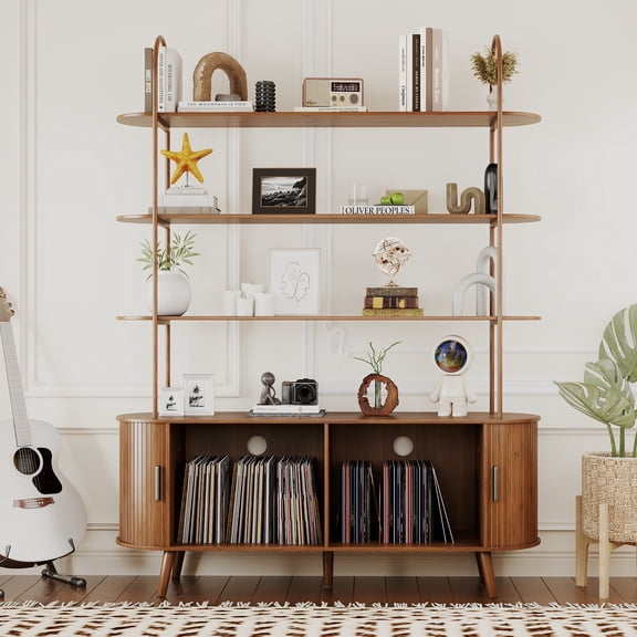 Tall Large Vinyl Record Player Stand Bookshelf Mid Century Modern Record Storage Cabinet with Sliding Doors for Living Room