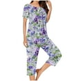 thumbnail image 2 of QATAINLAV Two Piece Sets for Women Summer, Pleated Short Sleeve Shirts and Capri Pants Lounge Set Ladies Casual Button Nightwear Tops Cropped Trousers Sleepwear Suits Lightening Sale Purple XL, 2 of 6