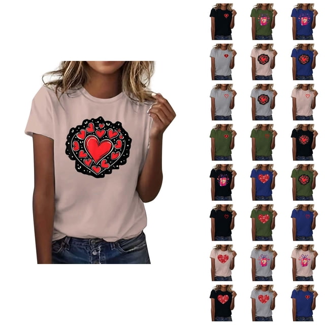T-shirts de la Saint-Valentin pour Femmes 2026 à la Mode Manches Courtes Col Rond avec Cœur Graphique