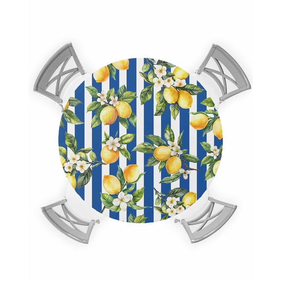 nqOlkjepod Lemon Flowers Round Tablecloth, Fitted Table Cover with Elastic for 36"-44" Round Tables, Botanical Leaves Blue Vertical Stripes Table Cloth Outdoor Dinning Party Waterproof Tablecloths
