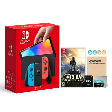 Nintendo Switch OLED Model Neon Red and Blue Joy Con 64GB Console HD Screen and LAN-Port Dock with The Legend of Zelda: Breath of the Wild and Mytrix Accessories 2021 New