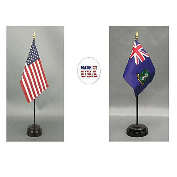 Made in The USA. 1 American and 1 British Virgin Islands Rayon 4"x6" Miniature Office Desk & Little Hand Waving Table Flag, Includes 2 Flag Stands & 2 Small 4"x6" Mini Stick Flags