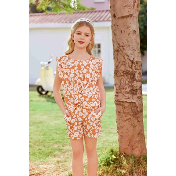 Arshiner Girls Shorts Sets 2 Pieces Outfits Twist Front Ruffle Sleeve T-Shirts and Shorts With Pockets Cute Clothes Sets