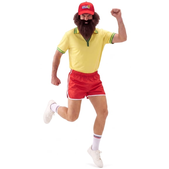 Joyfy Running Costume For Men Adult 90s Retro Costumes Set Butter Yellow Polo Shirt Shorts with Cap, Wig Beard Outfits Set for Halloween Party Dress up Cosplay