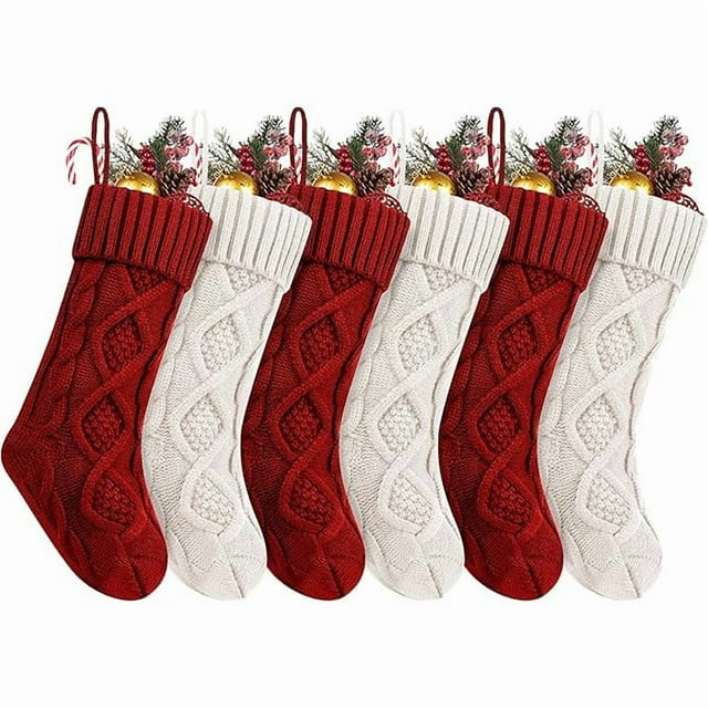 SDone Christmas Stockings, 6 Pack 18" Large Knit Stocking & Decor for Family Holiday Xmas Party Gift, Burgundy&Ivory