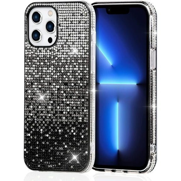 KIQ iPhone 13 Pro Max Case for Women, Fashion Gradient Diamond Sparkle Cell Phone Case Cover - Black