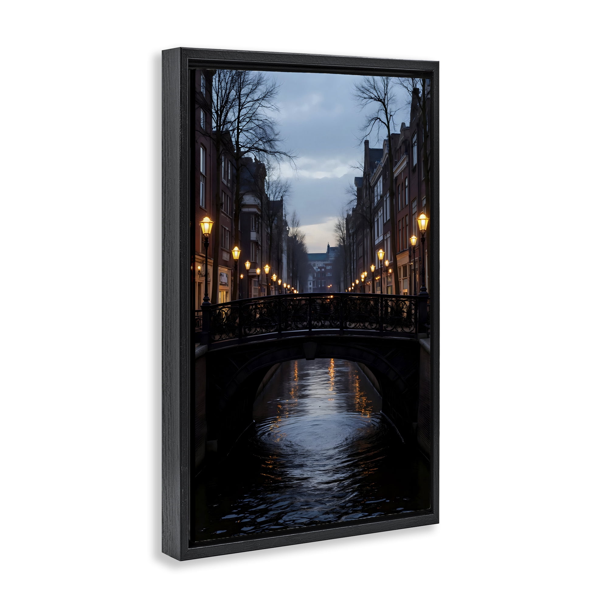 Stupell Industries Lantern Light over Quiet Canal Black Framed Floater Canvas Wall Art, design by Creative Studio