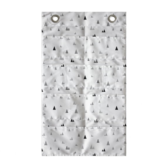Abstract Hanging Pocket Organizer, Repetitive Mini Triangular with Stripes and Dots, Printed Polyester Storage Bag with Pockets, 21" x 31", Charcoal Grey Pale Taupe