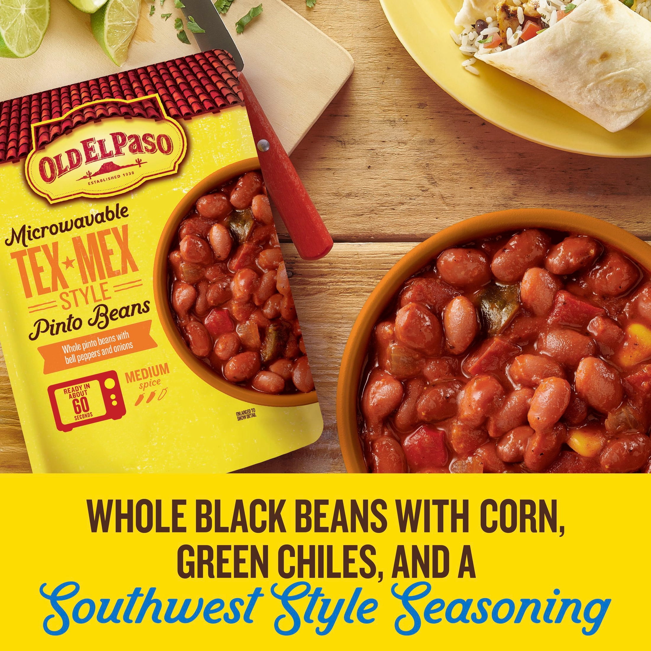 (8 pack) Old El Paso Pinto Beans, Tex-Mex Style, Microwavable Pouch, 8.8 oz