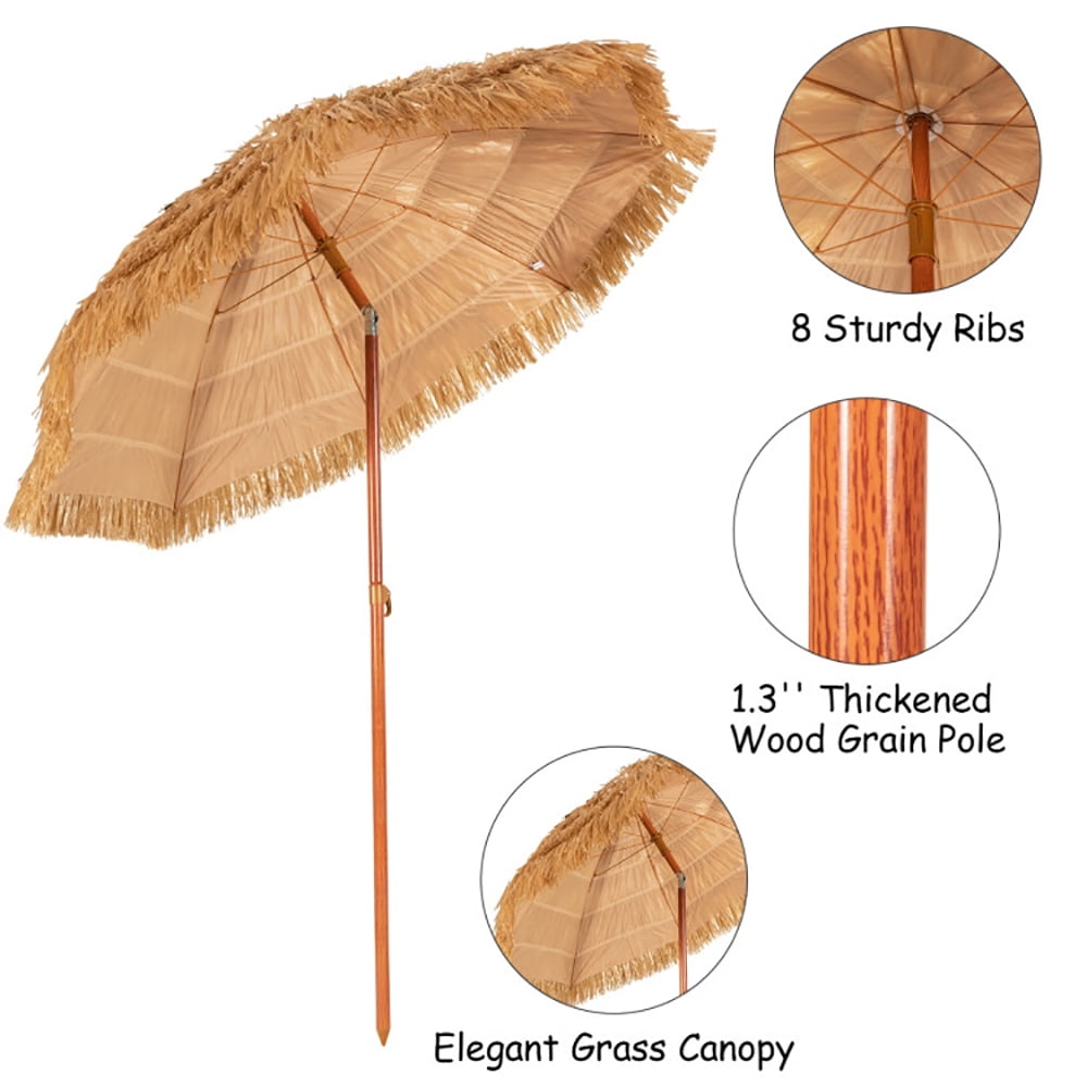 Resenkos 6.5 Feet Portable Thatched Tiki Beach Umbrella with Adjustable Tilt, Patio Offset Umbrella with Easy Tilt Adjustment, Outdoor Hanging Umbrella, Sunshade Umbrella Canopy
