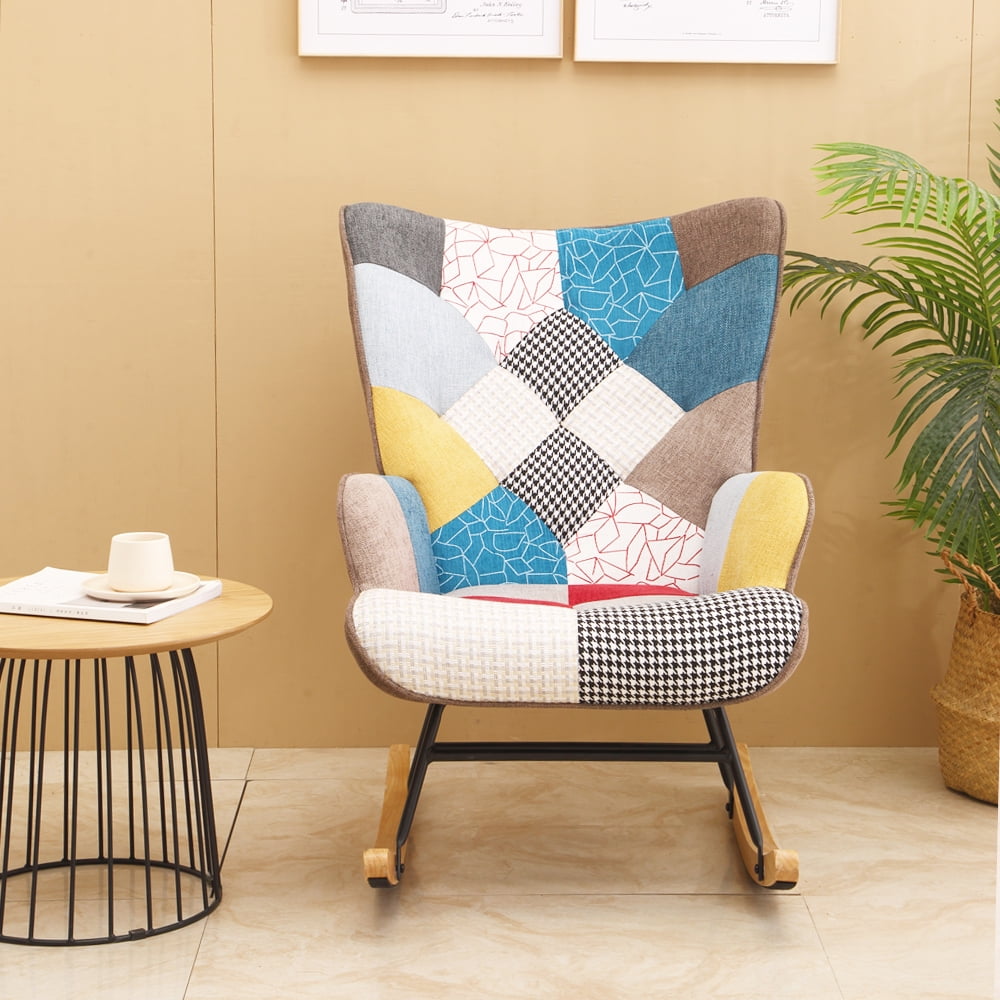 Resenkos Comfortable Relax Rocking Chair with Wood Legs and Patchwork Linen for Livingroom Bedroom,Colorful Resenkos Comfortable Relax Rocking Chair with Wood Legs and Patchwork Linen for Livingroom Bedroom,Colorful