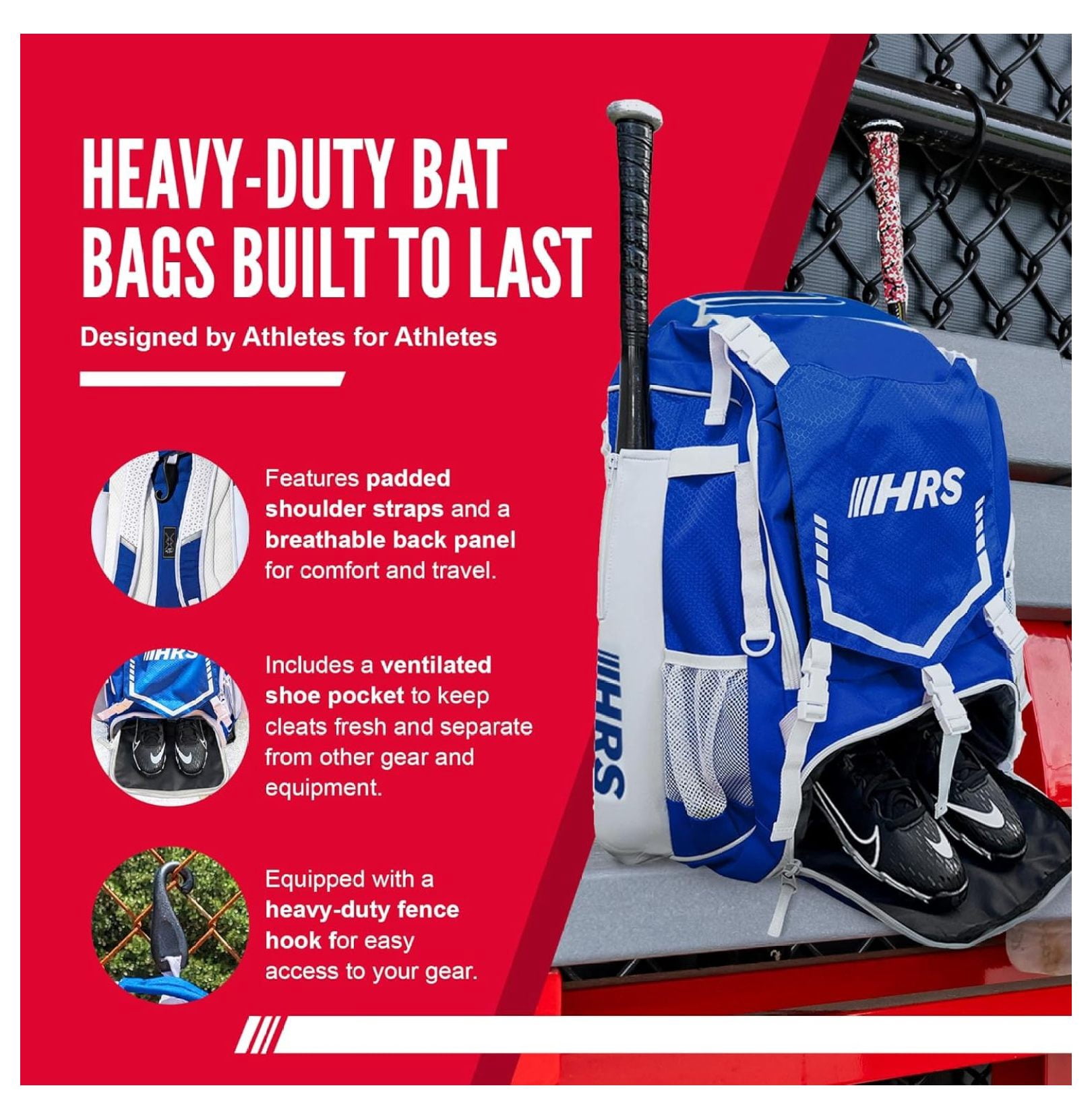 Baseball Bag, Softball Bat Bag for Youth & Adult. Holds 4 Bats, Glove, Water Bottle, Shoe Compartment, Helmet, Fence Hook for Equipment & Gear