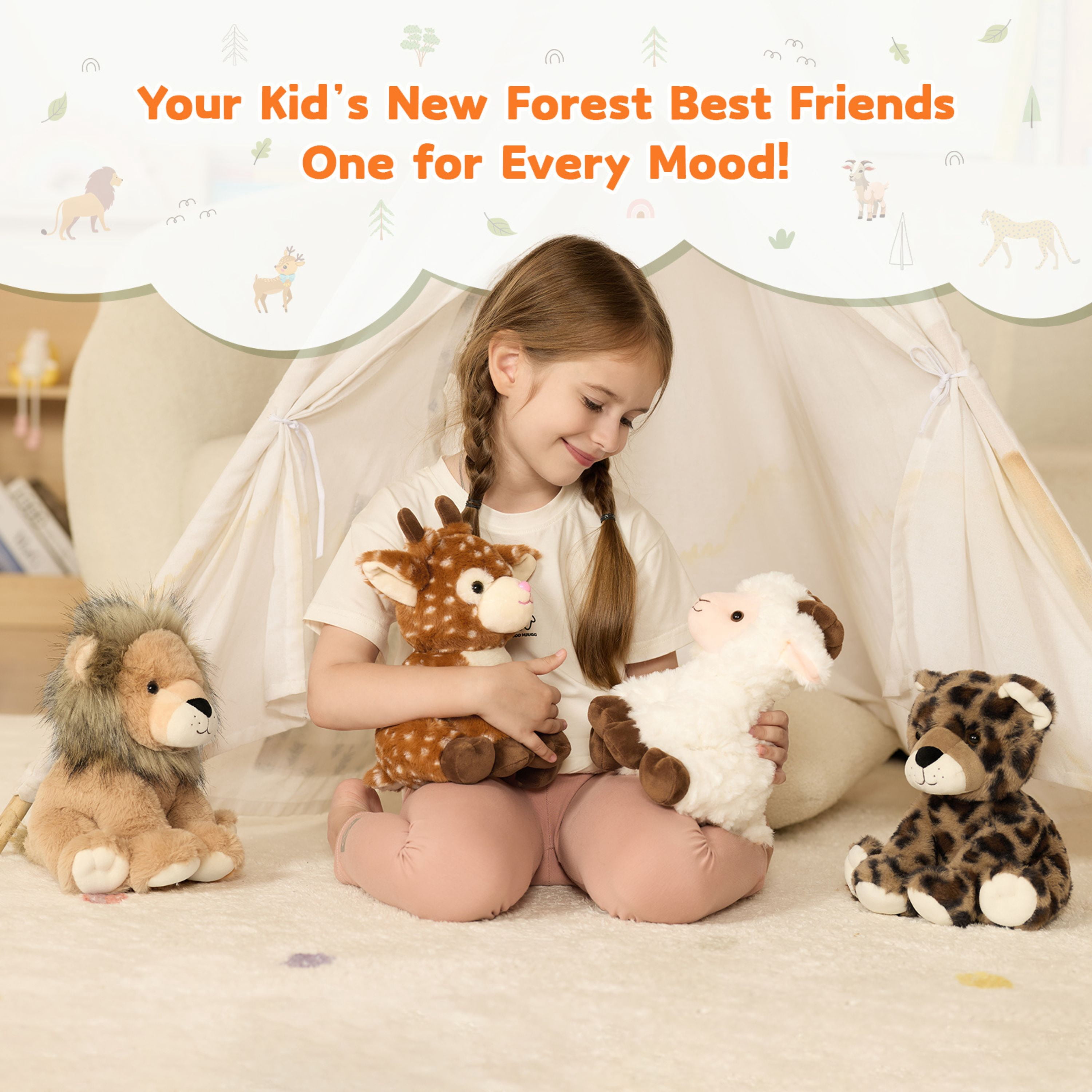 Tezituor 4Pcs Safari Stuffed Animals Stuffed Jungle Animals Plush(Goat / Leopard / Lion /Sika Deer)