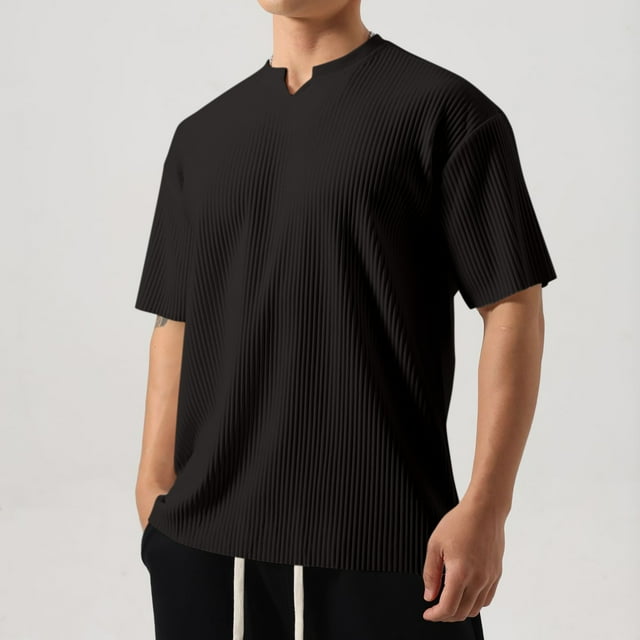 Playera Elvqul para Hombre Casuales Negro de Color Sólido Manga Corta Cuello en V