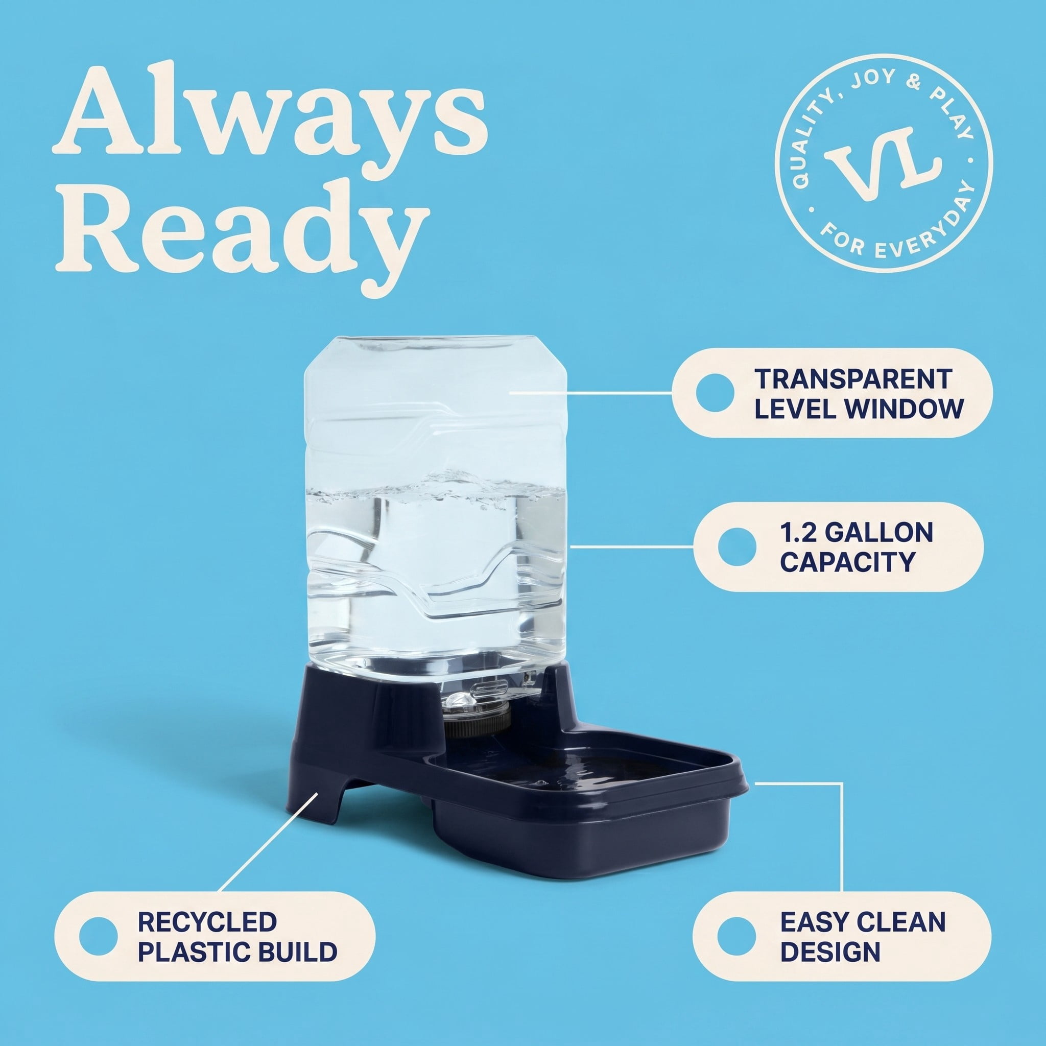 Vibrant Life Gravity Waterer for Medium Pets, 1.2 gal, Navy