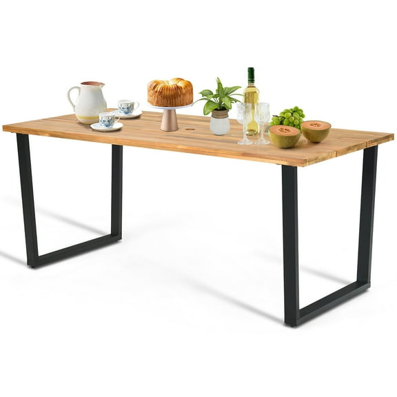 Gymax Patio Rectangle Dining Table Acacia Wood w/ 2'' Umbrella Hole Indoor & Outdoor Deck