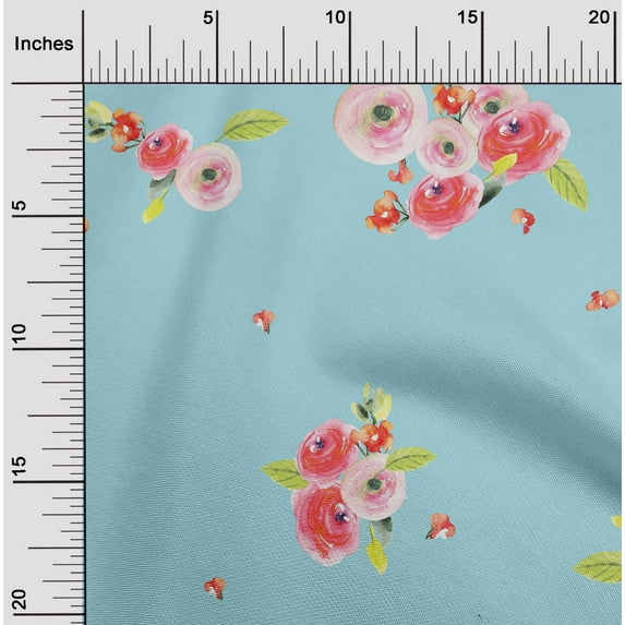 oneOone Organic Cotton Poplin Twill Fabric Leaves & Peach Floral Watercolor Printed Craft Fabric BTY 42 Inch Wide