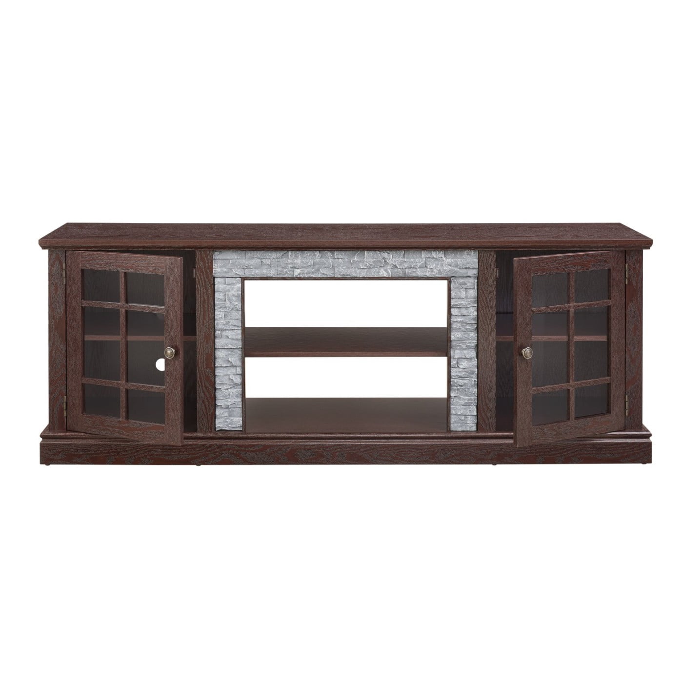 70" Modern TV Stand for 75 Inch TV, Faux Stone Media Console with 2-Door Storage Cabinet & Adjustable Shelves, Entertainment Center with Cable Management for Living Room, Cherry