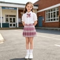 thumbnail image 6 of SAWOBUUN Girls' School Uniform Set Short Bubble Sleeve Button Down Shirt with Bow Tie and Plaid Pleated Mini Skirt - 3 Piece Outfit for Kids, 6 of 6